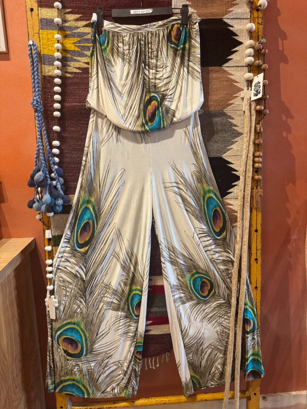 Peacock Feather Print Wide Leg Jumpsuit Medium